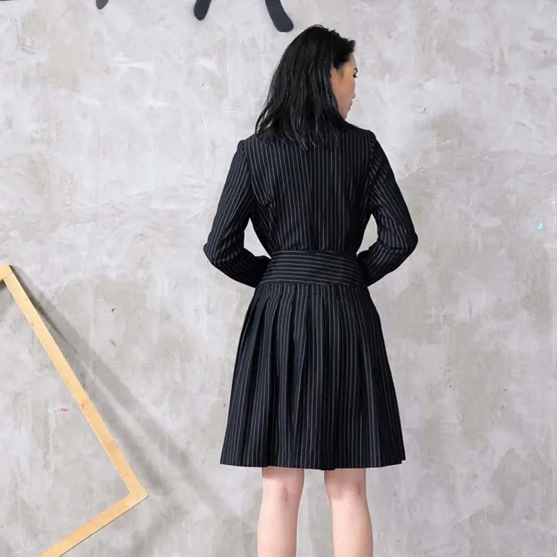 

Fashion Personality Midium Length Asymmetrical Pleated Women Striped Blazer Office Lady Double Breasted Lapel Female Outer Coats