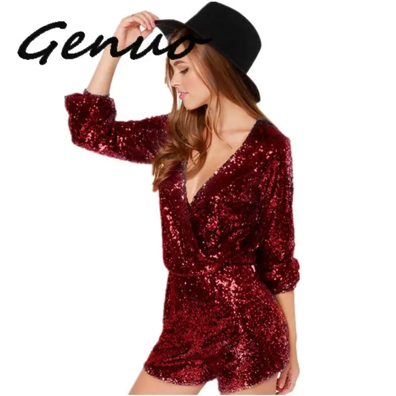 Genuo Sexy Women Sequins Glitter Jumpsuit Sequins V-Neck Party Jumpsuits Body Long Sleeve One Piece Shorts Streetwear Playsuits