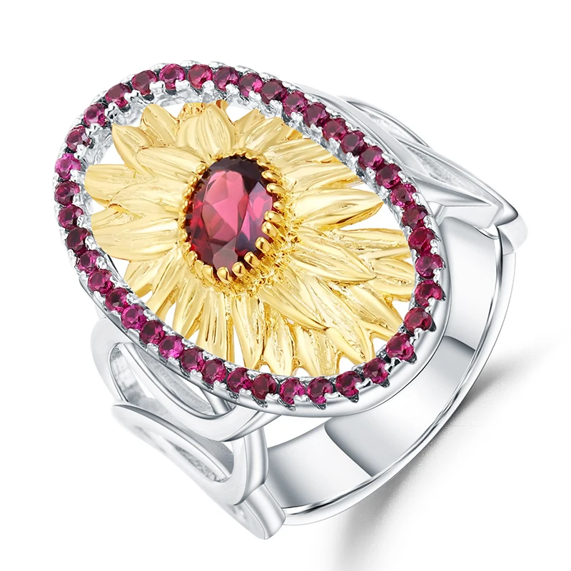 

Handmade Jewelry Garnet Gemstone Ring Sunflower 925 Silver Ring 210331-25