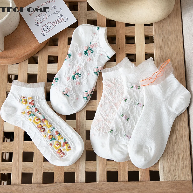

5Pairs Women Socks Summer New Low tube Boat Socks Glass Stockings Candy Color Socks Spring and Summer Fresh Lace Invisible Socks