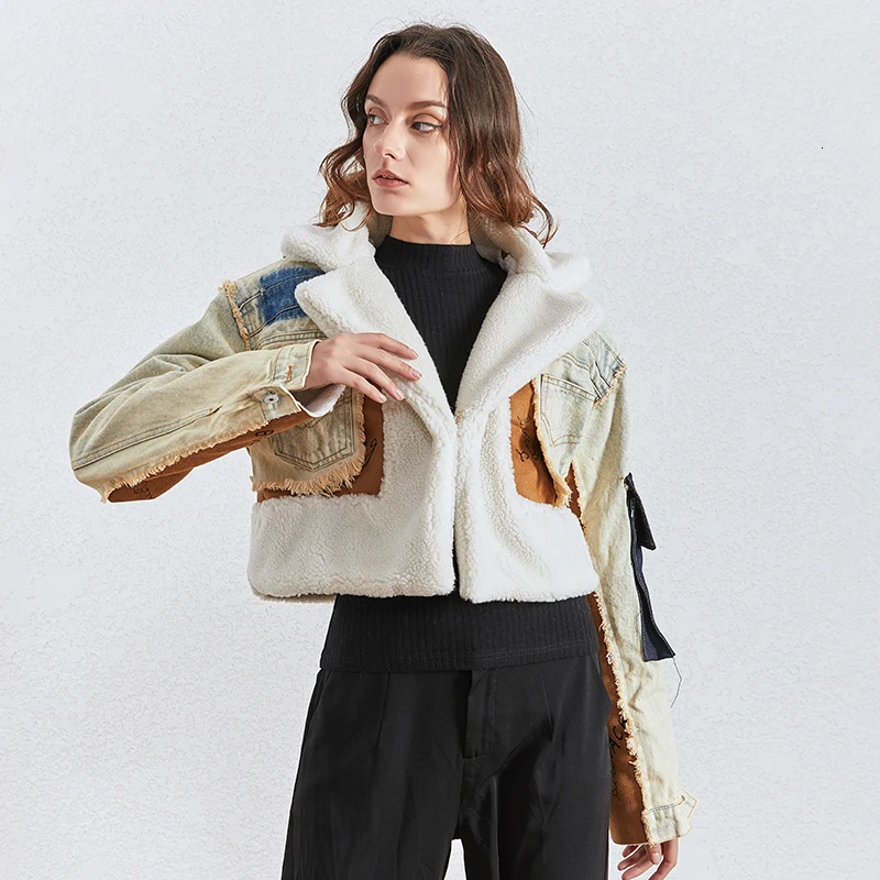 

Женская джинсовая куртка в стиле пэчворк с отложным воротником и длинным рукавом, Асимметричное пальто с карманами, женская модная одежда ...