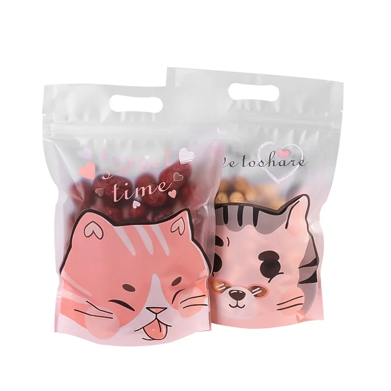 

50pcs Cute Cat Nougat Candy Plastic Zippe Bags Hand Made Cookie Gift Packaging Self Stand Biscuits Chrismas Wedding Favor Bag