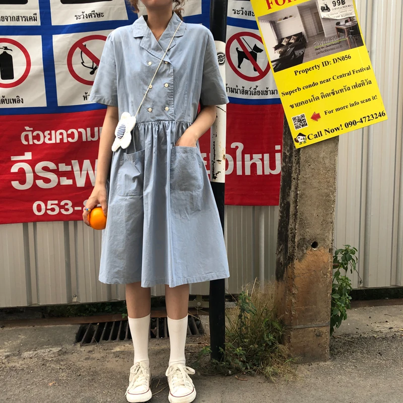 ulzzang notched loose preppy style black pockets high waistWomen's Clothing fashion brand summer dress vestidos korean dresses | Женская