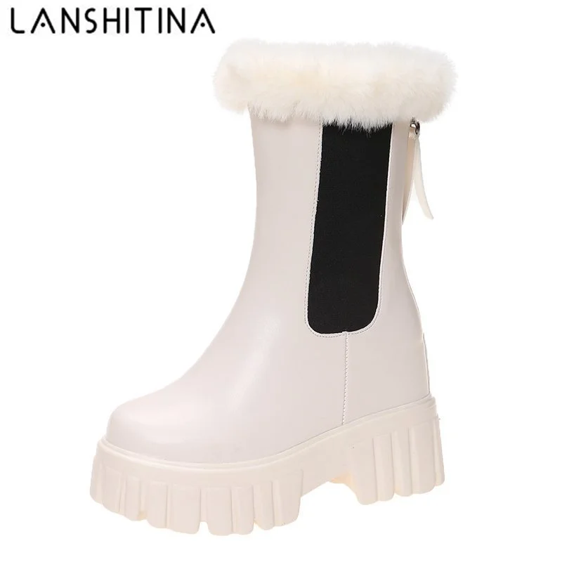 

Winter Platform Chelsea Boots Women Leather Chunky Sneakers Warm Cotton Snow Boots Ladies British Style Fur Mid-Calf Boots 10cm