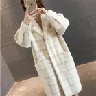 Осенне-зимнее клетчатое пальто из искусственной норки и кашемира, женское повседневное шерстяное пальто с большими карманами и отложным воротником, пальто, женская длинная верхняя одежда