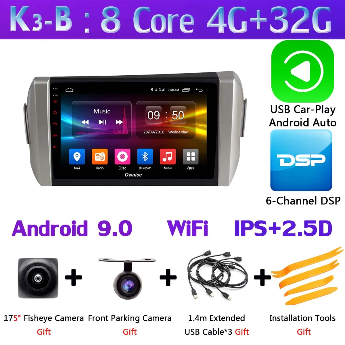 K3-B-CarPlay Панорамная камера 360 ° Android 9,0 4 Гб+ 64 ГБ Автомобильный DVD для Toyota Innova Crystal gps Радио SPDIF DSP CarPlay - Цвет: K3-B-CarPlay
