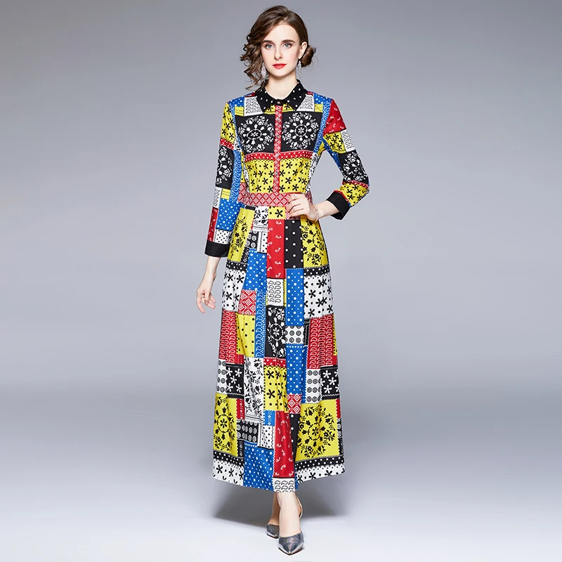 

Autumn Runway Maxi Dress 2021 Women High Quality Flower Print Wrist Sleeve Big Swing Elegant Vintage Long Dress