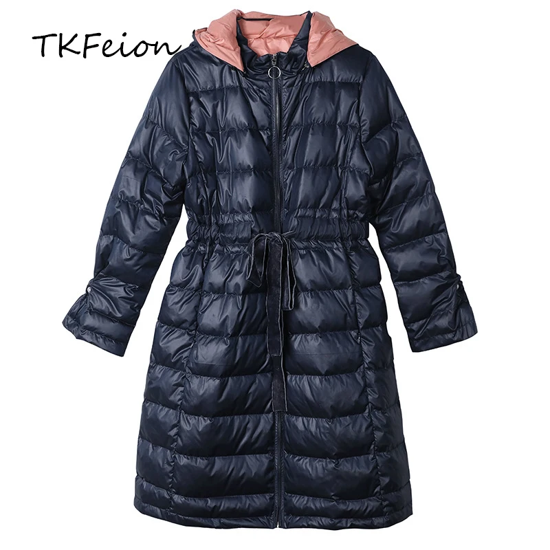 Hooded Winter Coat Warm White Duck Down Filler Fashion Ladies Loose Jacket Autumn Clothes Navy Color Lace Up