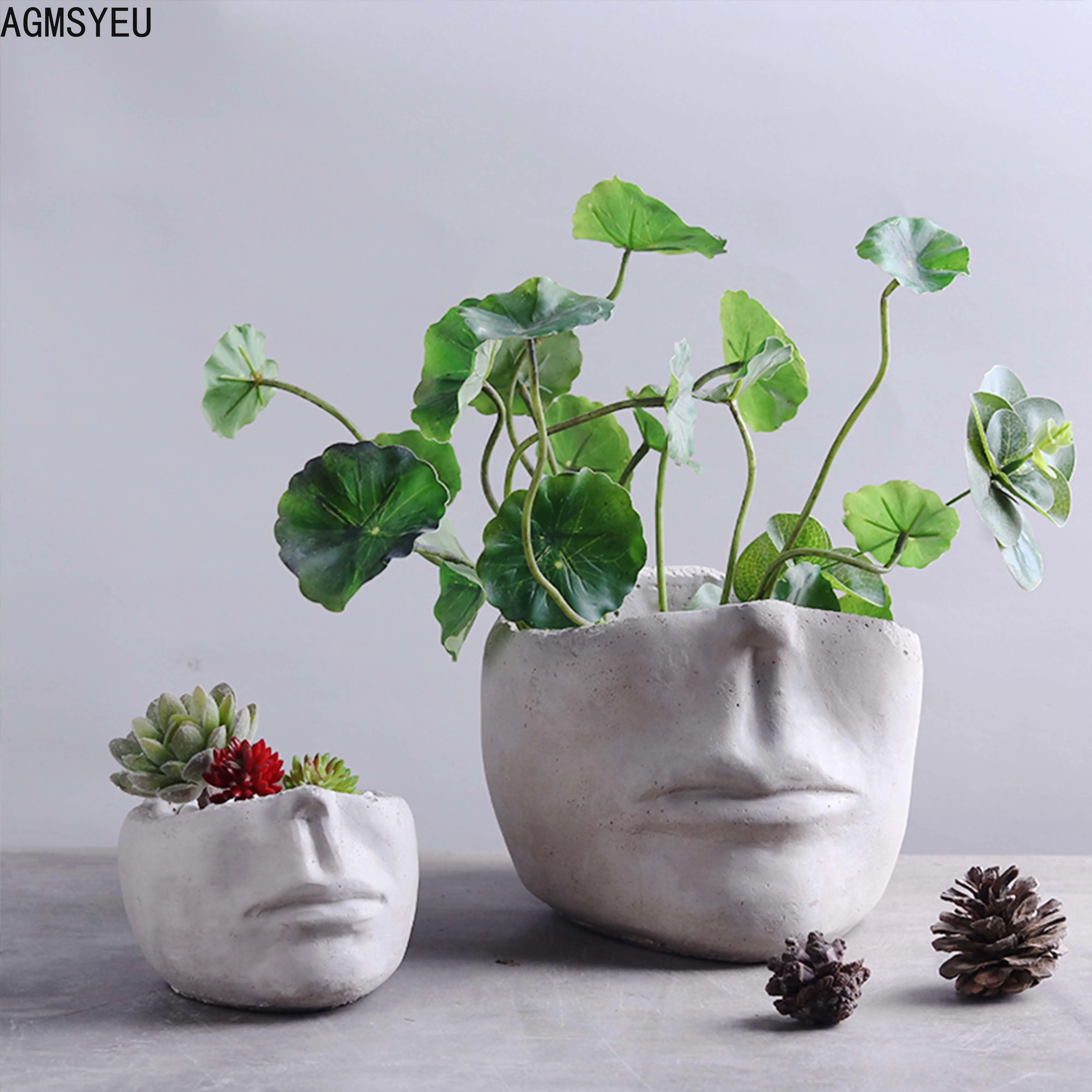 AGMSYEU Nordic Simple Creative Face Flower Pot Decoration Cement Material Living Room Desktop Succulent Potted Plant Ornaments