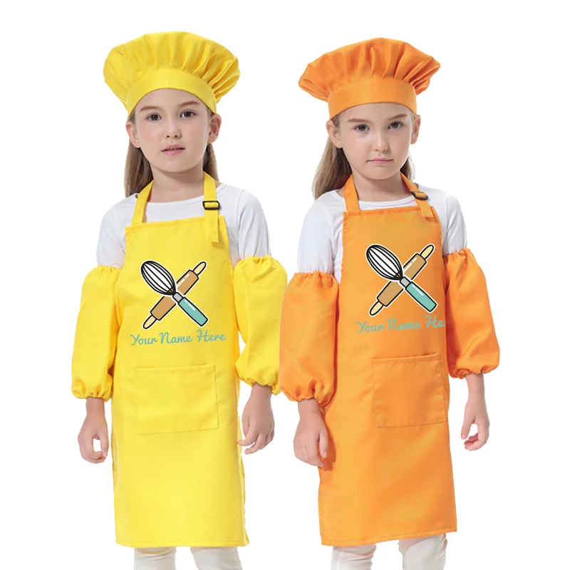 

Kids Kitchen Baking Bib Pinafore Child Polyester Apron Painting Eating Clothes Smock Chef Hat Print Name NOT Free