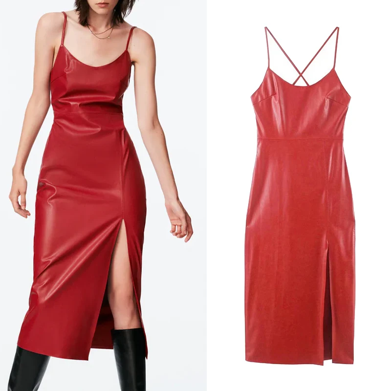 

Za Faux Leather Red Dress Woman Slip Long Dress Women Elegant Backless Party Dresses Camisole Slit Sexy Night Dresses