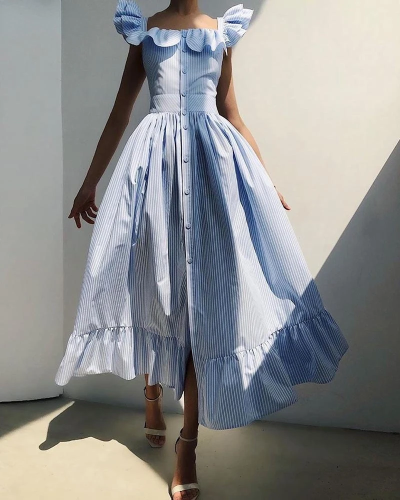 

Striped Square Neck Flutter Sleeve Sweet Dress Women Ruffles Maxi Dress