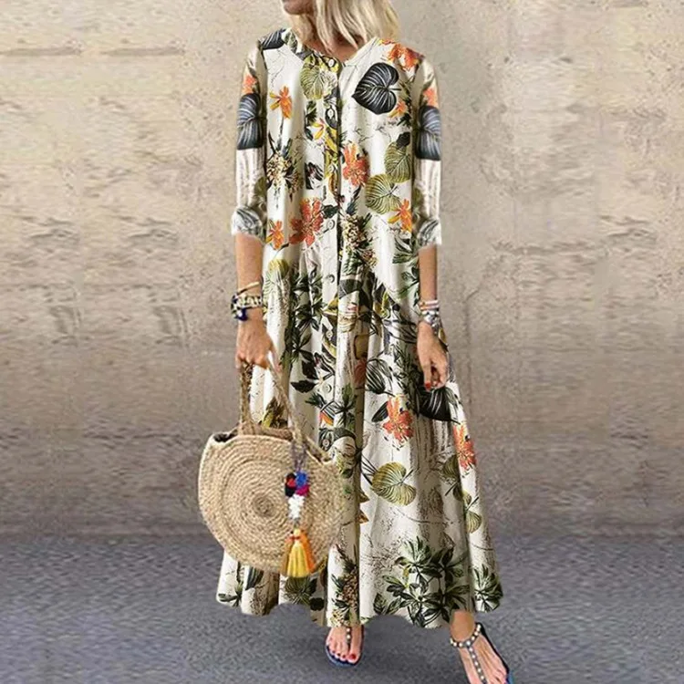 

New Floral Dress Women Casual Round Neck High Waist Half Sleeve A-line Casual Waist Slim Dress for Women Fashion Print Spring