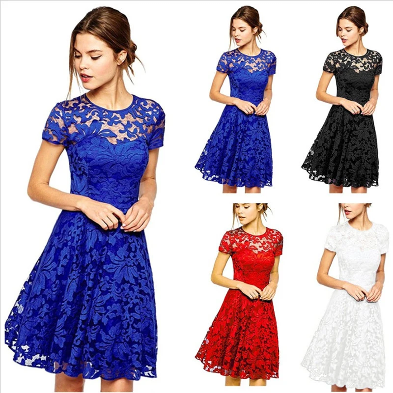 

2021 Summer Fashion Double Lace Mesh Edge O Neck Short Sleeve Women's D Mini Dress New Casual Solid Slim plus size Ladies Dress