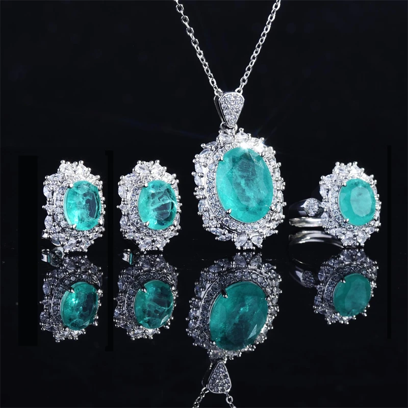 

KOFSAC New Luxury Blue Crystal Temperament Necklaces Rings Earrings 925 Sterling Silver Jewelry Sets For Women Anniversary Gifts