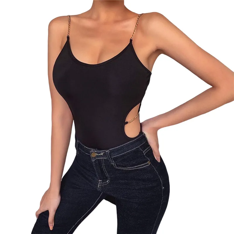 

Sexy Black Clubwear 2020 Women Sling Chains Push-up one-piece Bodysuits High waist Hollow Out Playsuits Jumpsuits