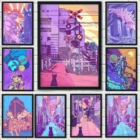 Японское настенное искусство домашний декор плакат Кот фиолетовый город строить улицу динозавр украшение картина кавайная комната Декор холст плакат