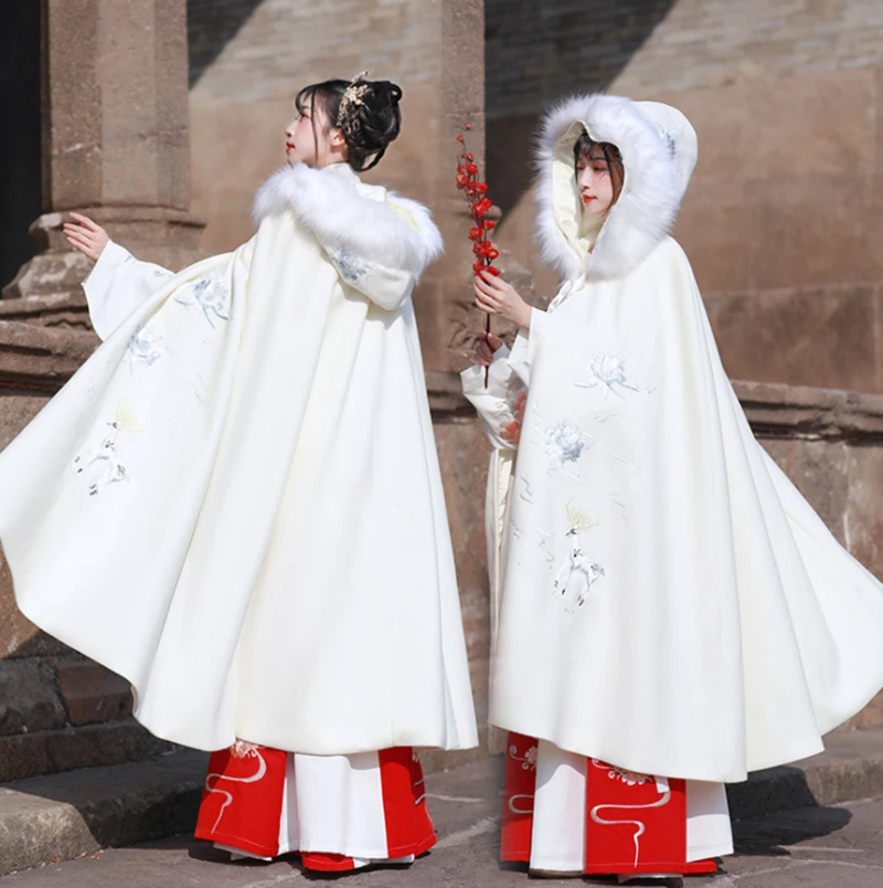 

Женская накидка Hanfu, традиционная китайская бархатная накидка с вышивкой, Женский костюм для косплея, зимняя теплая накидка Hanfu, белый и крас...