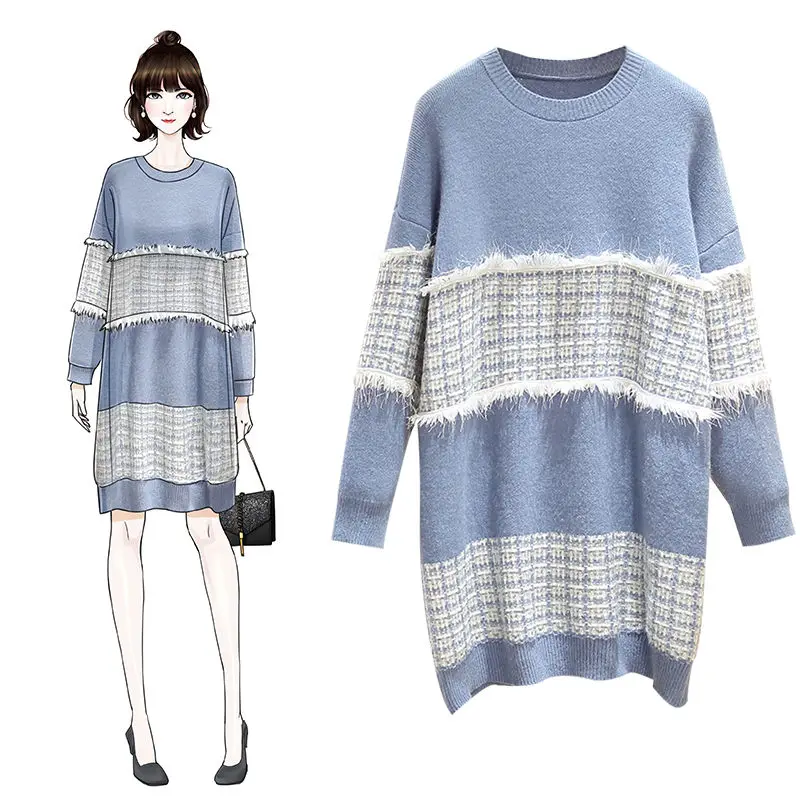 

Fashion Plaid Patchwork Women's Autumn Winter New Knit Pullover Loose Mid-length Sweater Dress kobieta sukienka y013