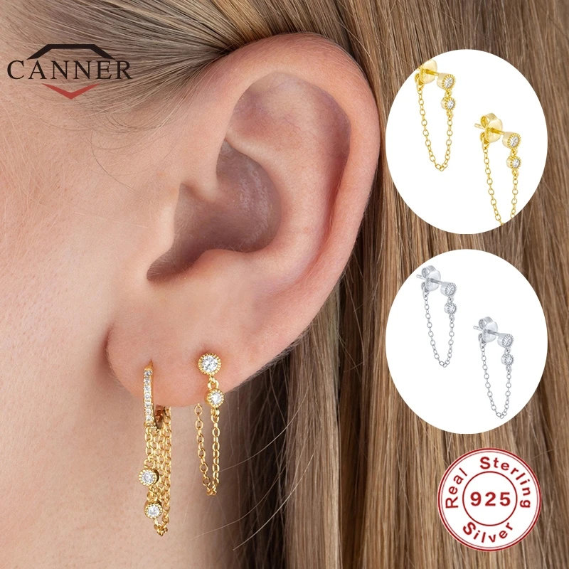 

CANNER Real 925 Sterling Silver Chain Tassel Stud Earrings For Women Small Zircon Piercing Earring Earings Jewelry Pendientes