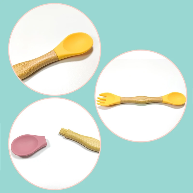 

1 Pc Baby Silicone Double-headed Fork Spoon Wooden Handle Toddlers Infant Learning Feeding Accessories Tableware Dinnerware