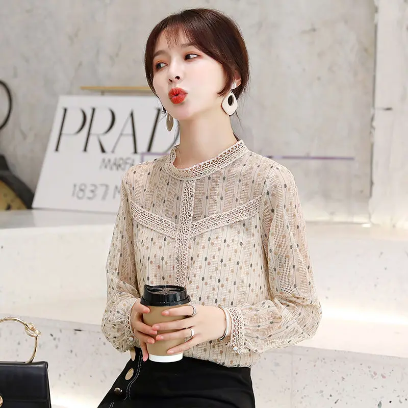 Женская кружевная блузка в горошек Повседневная сетчатая с круглым вырезом и
