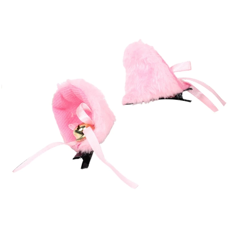 Cat Ears Cosplay Hair Clips with Bell Bowknot Anime Lolita Fluffy Plush Hairpins F3MD