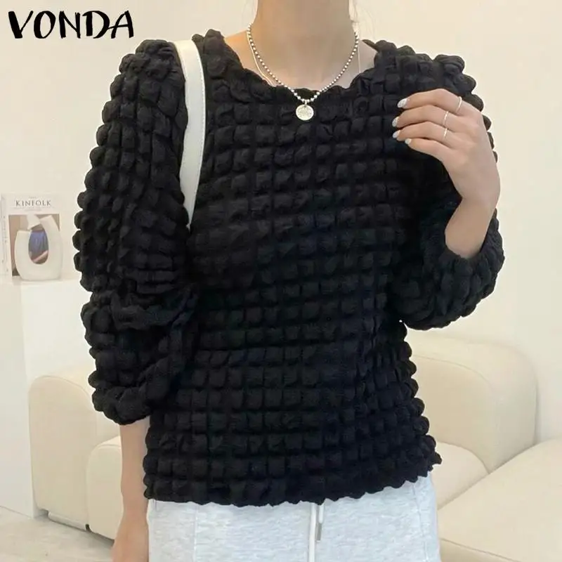 

VONDA Women Casual Blusa Tops Lady Clothing Pleated Solid Casual Chemise Femme Round Neck Lantern Sleeve Office BlouseOversize
