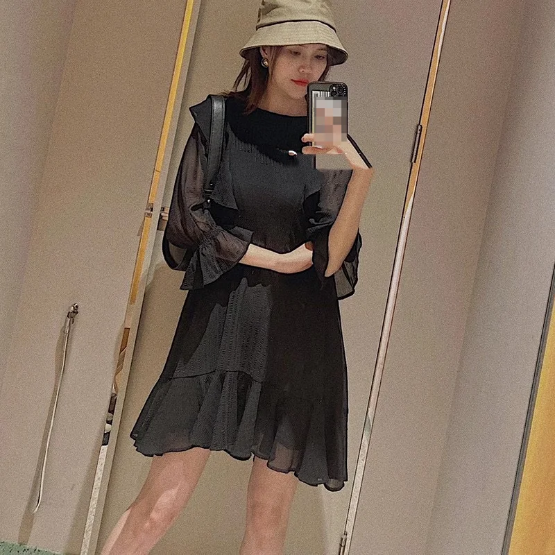 

2021 Sweet Ruffles Patchwork Dress Woman Chic Flare Sleeve Dresses Women New Summer Elegant Vestido De Mujer + Camis