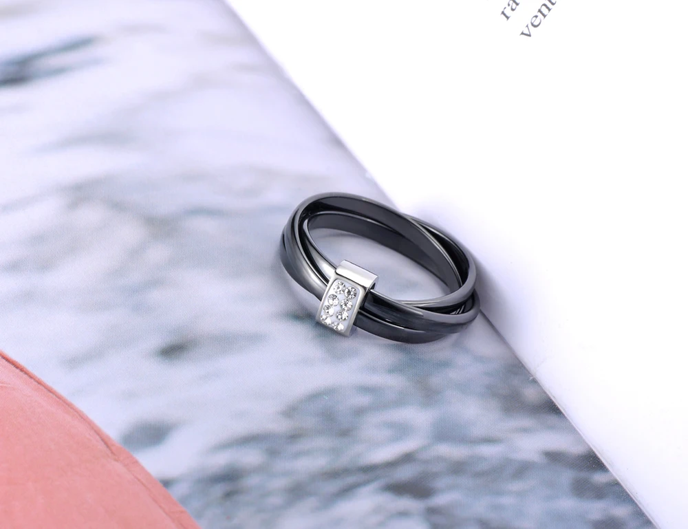 YiKLN Exclusive 3 Layers Black/White Ceramic Crystal Wedding Rings Jewelry Rose Gold Stainless Steel Rhinestone Ring YR19066 | Украшения и