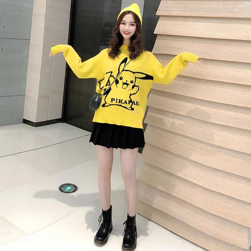 Lovely Pokemon Pikachu Women Pullover Sweater 2019 Yellow Black Lady Loose O Neck Cute Cartoon Stretch Knit Top Fashion Jumpers | Женская