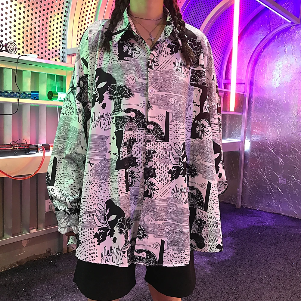 

Harajuku Loose Newspaper Printing Women's Shirt Hip Hop Streetwear Clothes Long Sleeve Trendy Women's Blouse Jacket Top