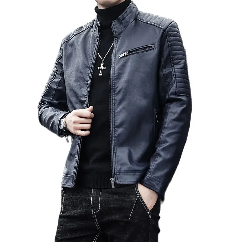 

New Autumn spring Motorcycle Leather Jackets Men Solid Color Faux Leather Jacket Long Sleeve Stand-up collar Bomber Jackets