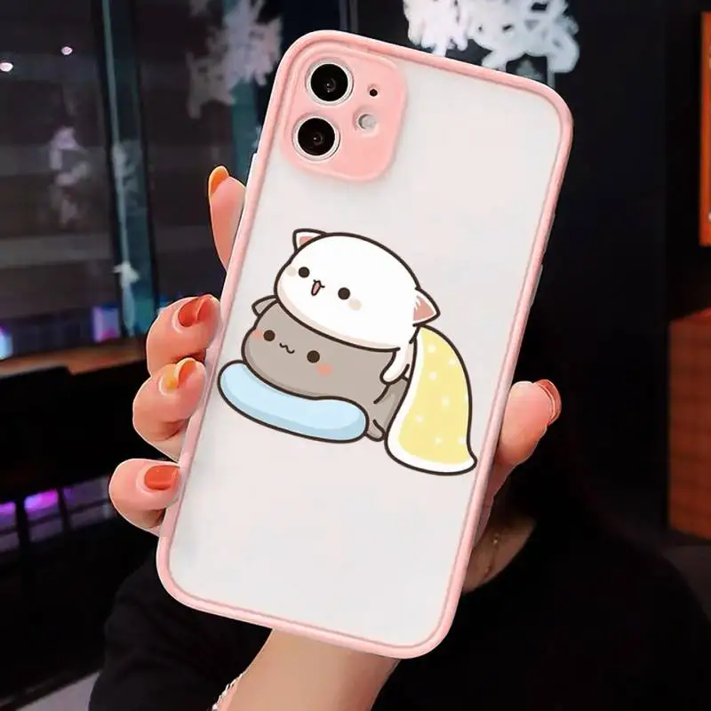 

Jemy Peach Cat Cartoon Phone Case For iPhone 12 11 Mini Pro XR XS Max 7 8 Plus X Matte transparent Pink Back Cover