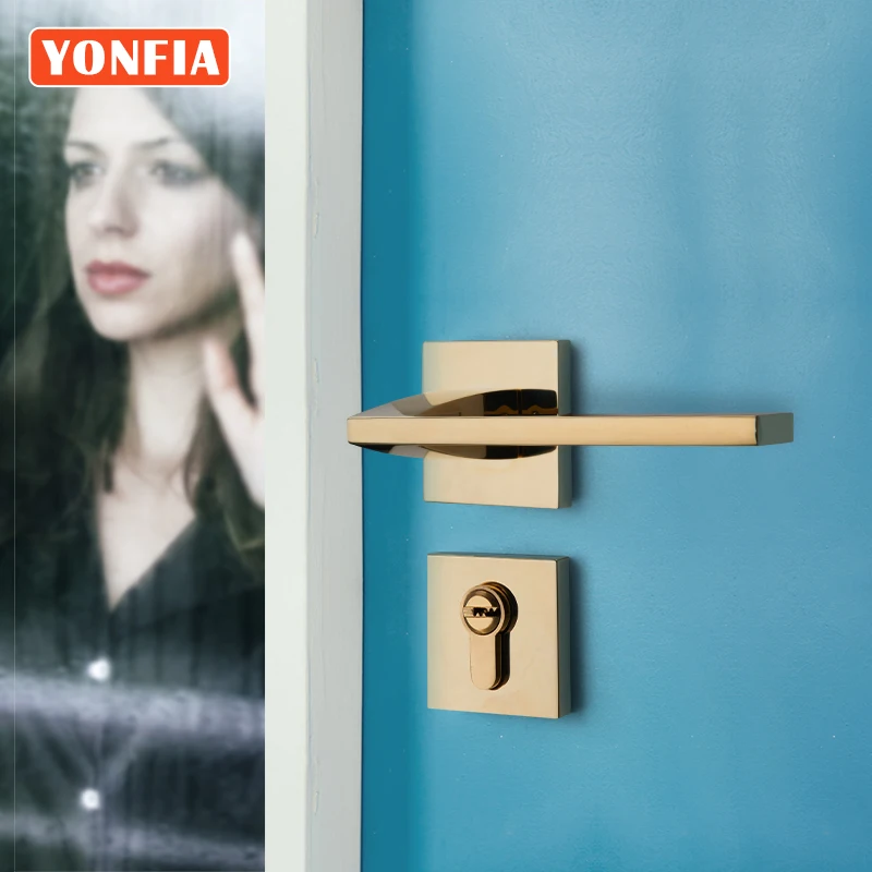 yonfia 8039 square privacy pvd gold home room wood door lock handle set bathroom mortise lever door handle for interior door free global shipping