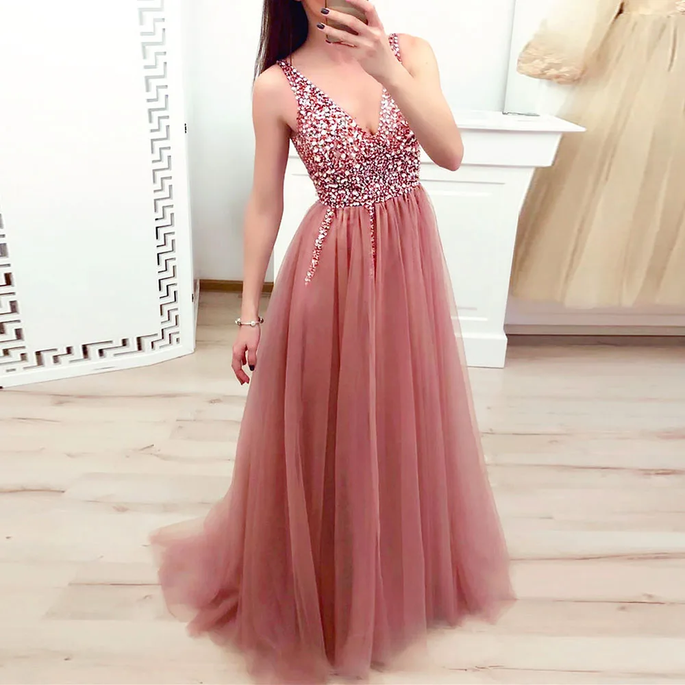 Женское блестящее бальное платье темно синего цвета розовое длинное вечернее