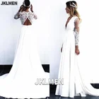 Женское свадебное платье с длинным рукавом, белое кружевное ТРАПЕЦИЕВИДНОЕ ПЛАТЬЕ С Глубоким V-образным вырезом и вырезом на спине, 2021