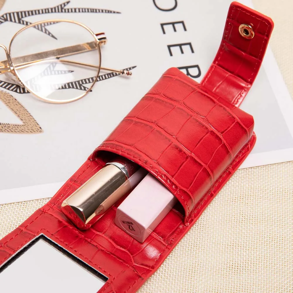 

Lipstick Cosmetic Bag With Mirror Makeup Bag Travel Pouch Organizer Pu Leather Portable Beauty Case Toolbox Small Storage Cases