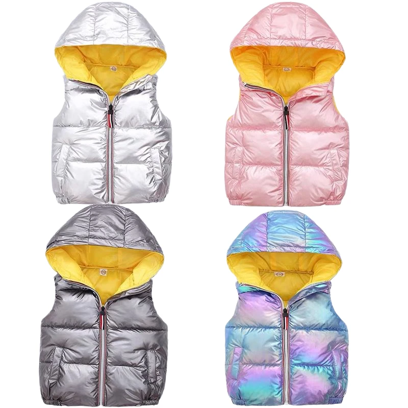 

Children Waistcoat Outerwear Clothes Autumn Winter Sleeveless Coats Kids Warm Hooded Cotton Vest Baby Boys Girls Shiny Down Vest
