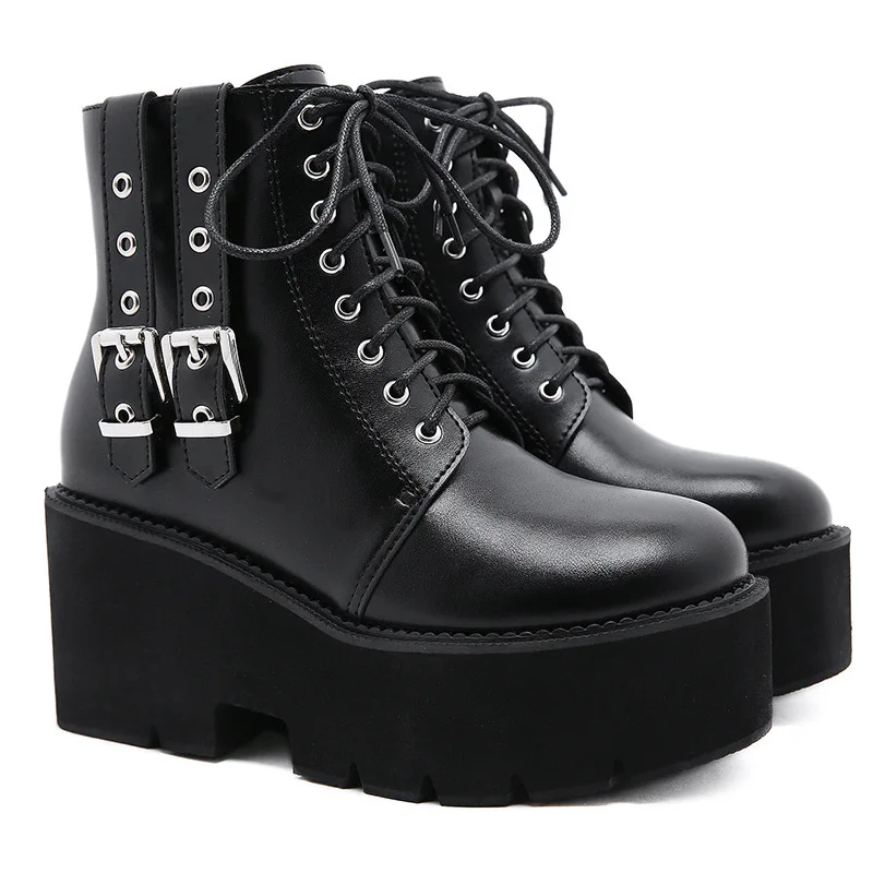 

Winter New Fashion Waterproof Platform Hoof Heels Belt Strap with Rivet Leather Boots Shoes for Women