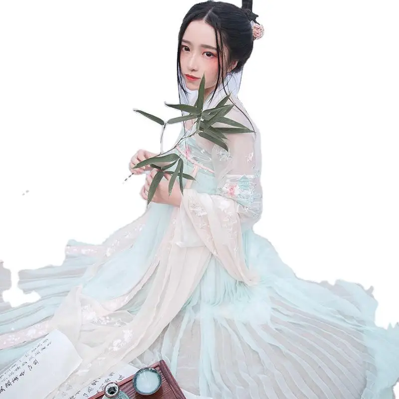 Традиционный Женский костюм Hanfu с зелеными цветами Прозрачный Anicient Tang длинным