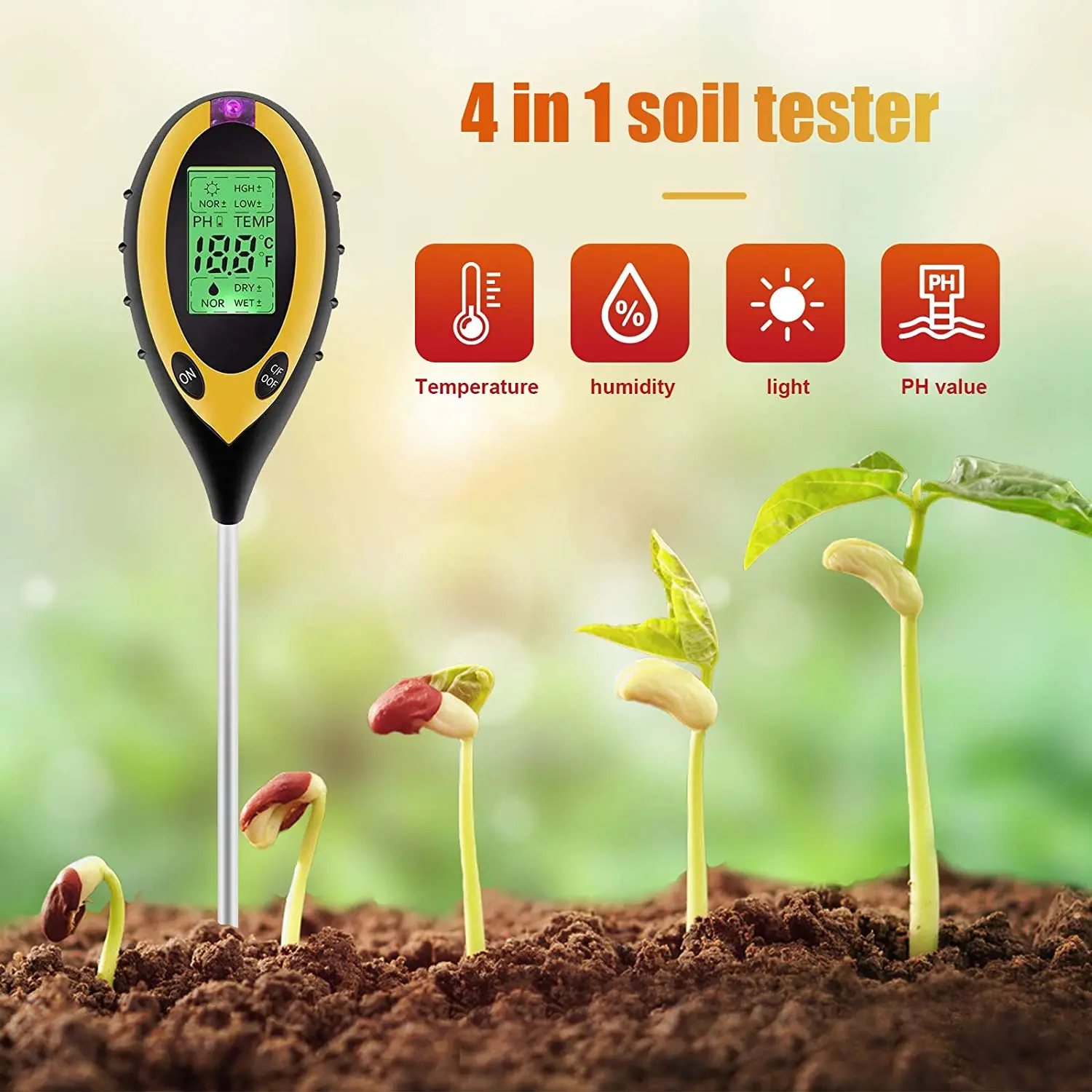 Soil Test Kit 4 IN 1 Digital PH Meter for with Sunlight/Moisture/Temperature Measuring Tester Tool Garden Farm Lawn | Инструменты