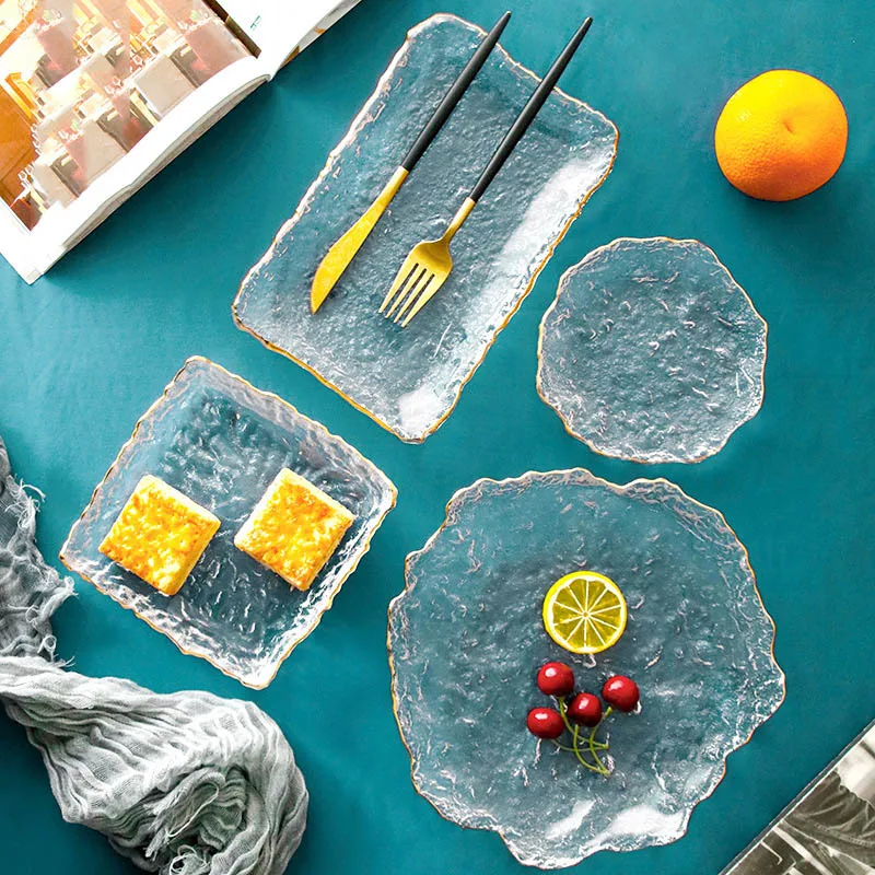 

Стеклянная тарелка с японским молотом, креативная тарелка для фруктов, салатов, суши, длинной сервировки, Квадратная тарелка, посуда, десертная тарелка