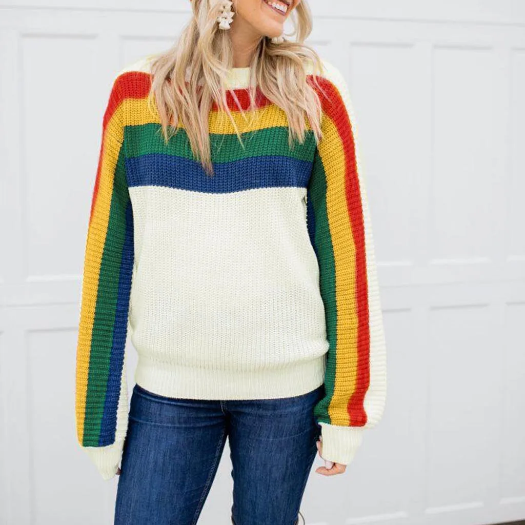 Пуловер женский зимний в радужную полоску с круглым вырезом и длинным рукавом |