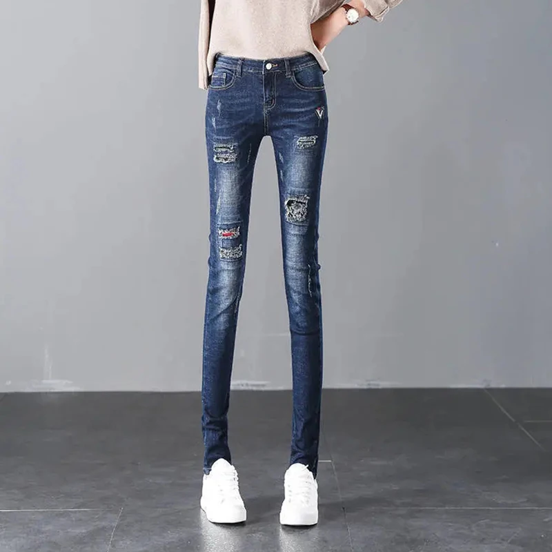 

Boyfriend Ripped Jeans For Women Skinny Streetwear femme Denim Pencil Pants casual black ladyStretch jeans pants