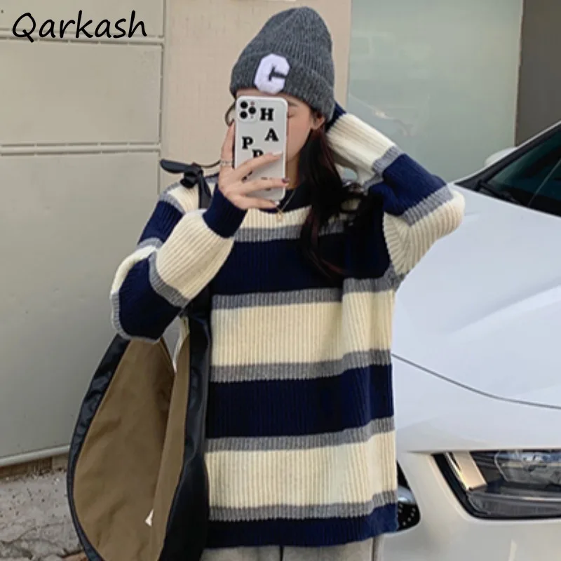 

Pullovers Women Sweater Striped All-match Simple Warm O-neck Students Couple Autumn Design Clothing Vintage Female Ulzzang Chic