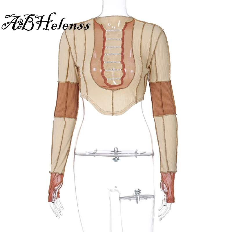 

A&BHelenss 2021 Long Sleeve Patchwork Hole Sexy Crop Tops Summer Women Fashion Streetwear Tees