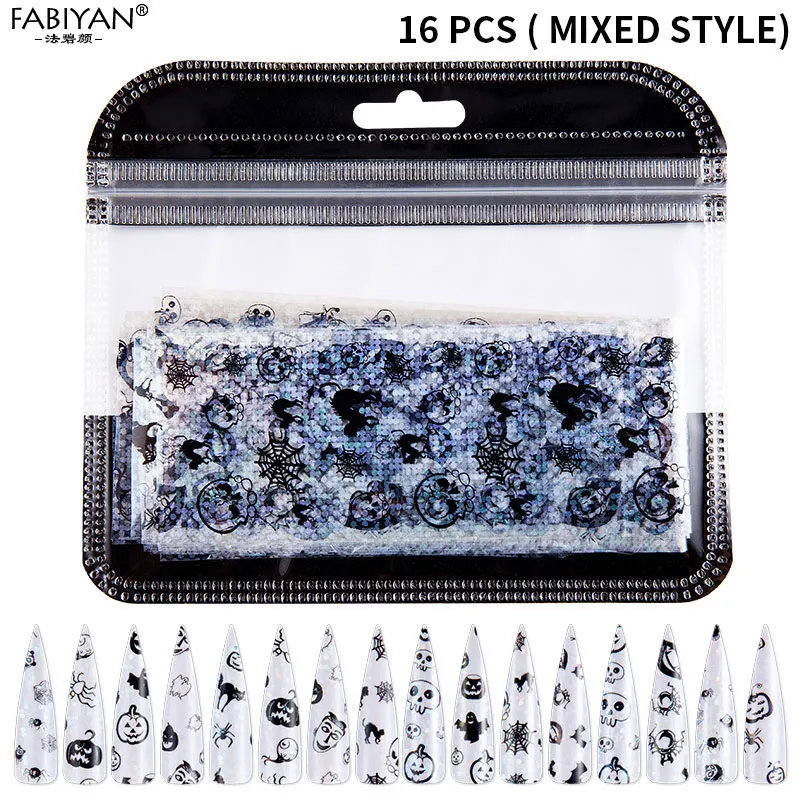 16Pcs Halloween Лазерная Фольга для маникюра Стикеры голографические наклейки для нейл-арта украшения наклейки 20*4 см Снежинка инструменты для дизайна маникюра на Рождество и Хеллоуин; 10/16 шт - Цвет: 16Pcs Halloween