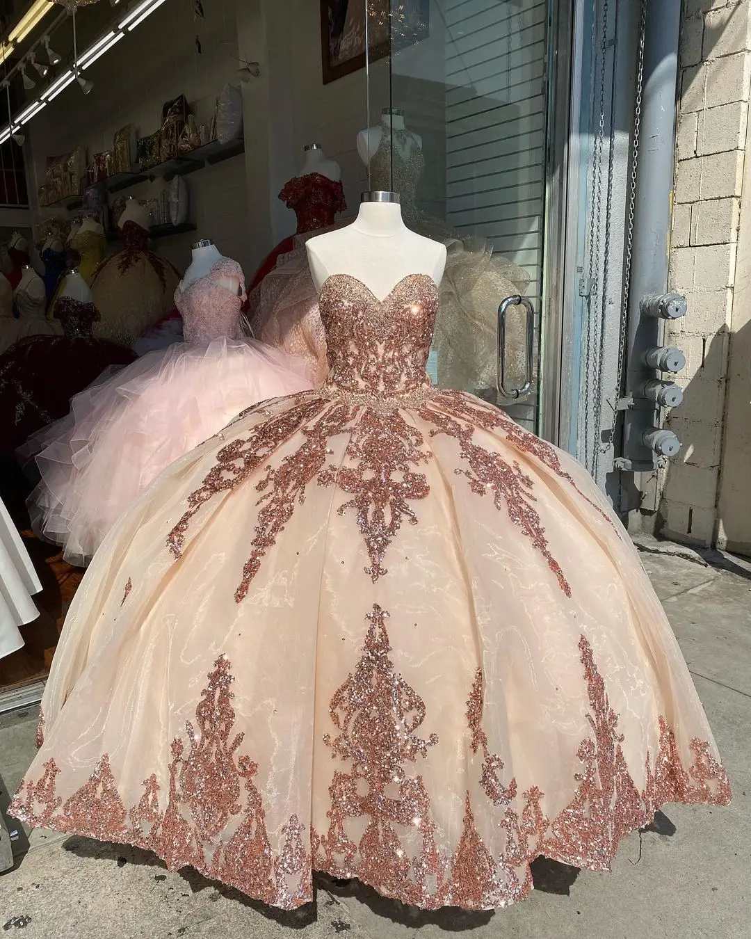 Rose Gold Sequins Applique Quinceanera 