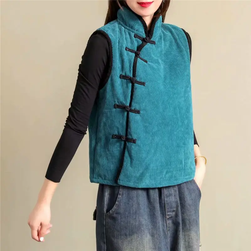 

Chinese Style Retro Corduroy Cotton Vest Women Fall Winter Plus Velvet Disc Buckle Tea Clothes Waistcoat Jacket Ethnic Top y801